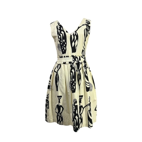 Cynthia Rowley V Neck Dress Cotton Cream Black Sleeveless Empire Waist Womens 4 - Picture 1 of 5